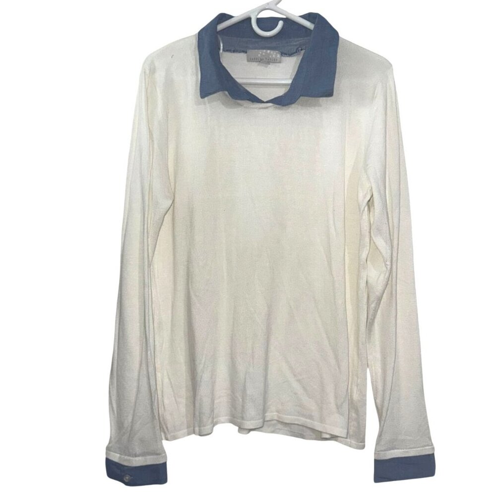 Carolyn Taylor White & Blue Long Sleeve Collared Sweater XL